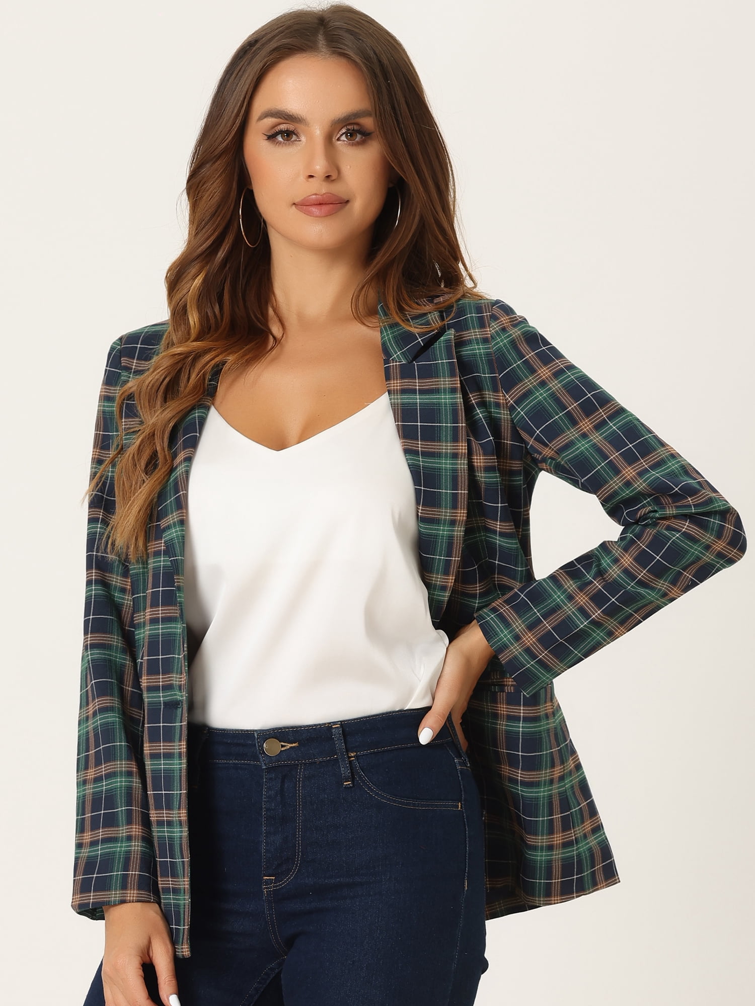 DARING DIVA Women's Boyfriend Notched Lapel One Button Blazer Suit Plaid Blazer Jacket XS Green Blue