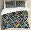 Cars King Size Duvet Cover Set, Detailed Collection of Various Vehicles Parked Cars Buses Trucks Vans in Many Colors, Decorative 3 Piece Bedding Set with 2 Pillow Shams, Multicolor, by Ambesonne