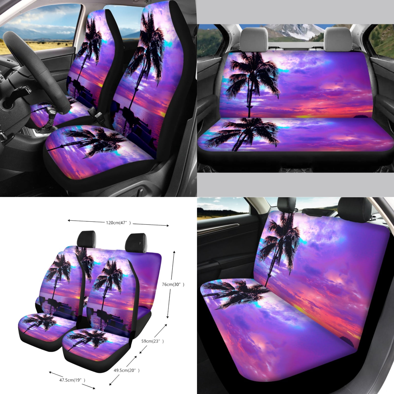 Garronmavis Beach Sunset 15 PCS Car Seat Cover Full Set 4 Pieces Car Seat Covers Steering Wheel Cover Wristlet Strap Car Trash Can Car Dash Accessories Rearview Mirror Cover Car Coasters
