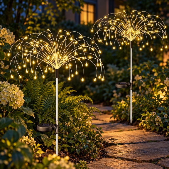 Rirool 2 Pack Solar Firework Garden Lights, 120 LEDs Each, Warm White, DIY Copper Wire Stake Lights with Dusk-to-Dawn Lighting for Outdoor Pathway, Yard, Patio, Christmas and Wedding Decor