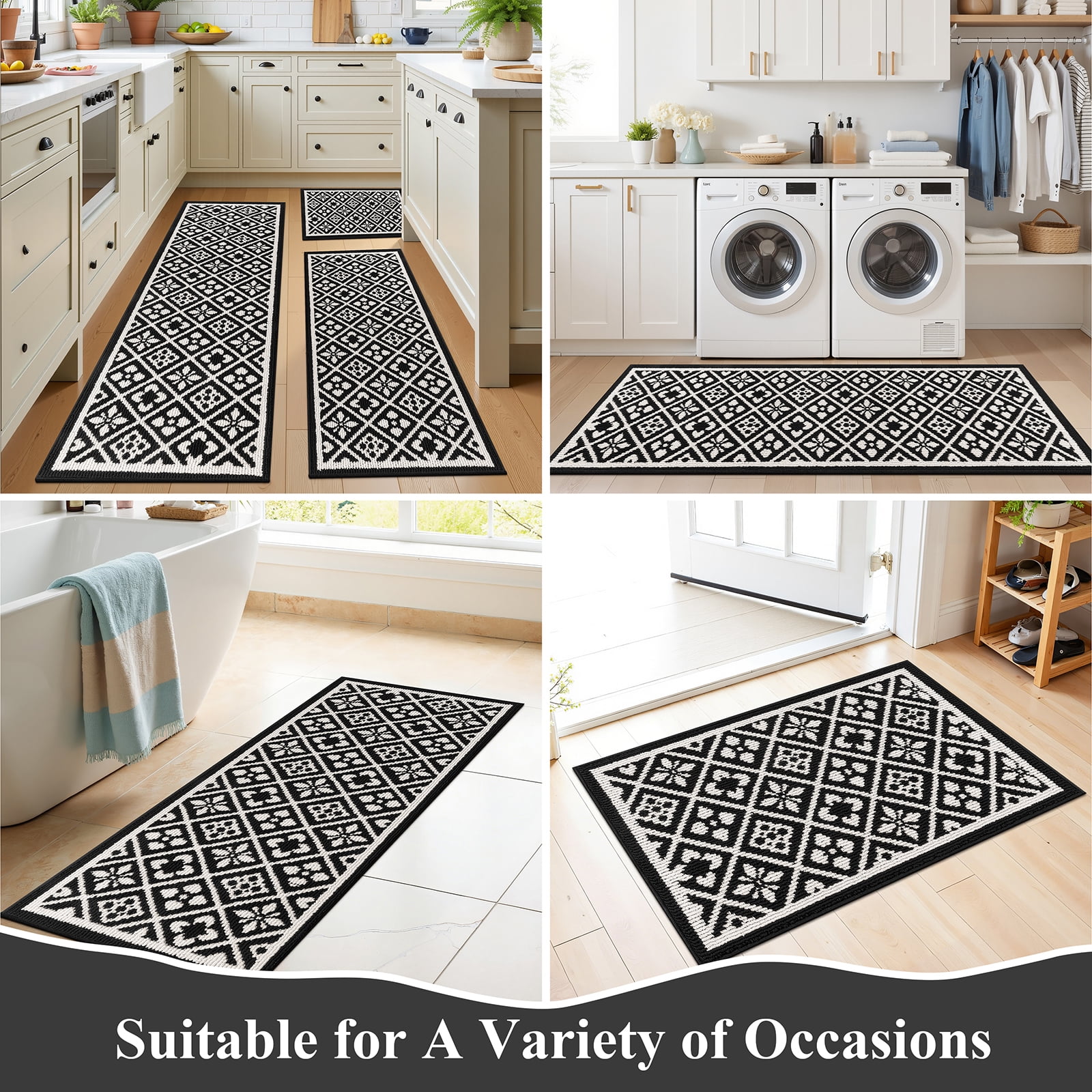 Vaukki Farmhouse Kitchen Rugs Sets of 3, Non Slip Kitchen Floor Mats Washable Kitchen Runner Rug, Black