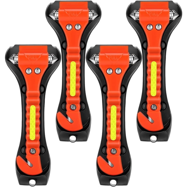 4-Pack Car Safety Hammer, Window Breaker and Seat Belt Cutter with Reflective Tape for Home Rescue and Lifesaving Survival Kits