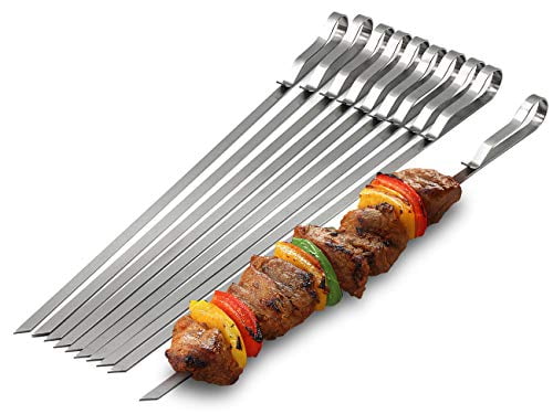 6pcs 17'' Wood BBQ Skewers Stainless Steel Grill Needle Barbecue Kebab Sticks 