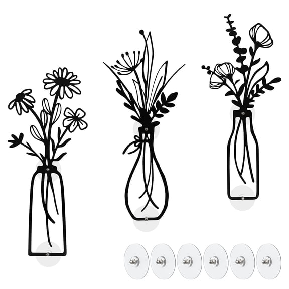 TUOSHUNGE 3 Pieces Metal Flowers Wall Arts - Rustic Farmhouse Decor Minimalist Flower Wall Decors for Living Room Bathroom Kitchen Bedroom Dining Room - Housewarming Gifts, No-Drill, Black