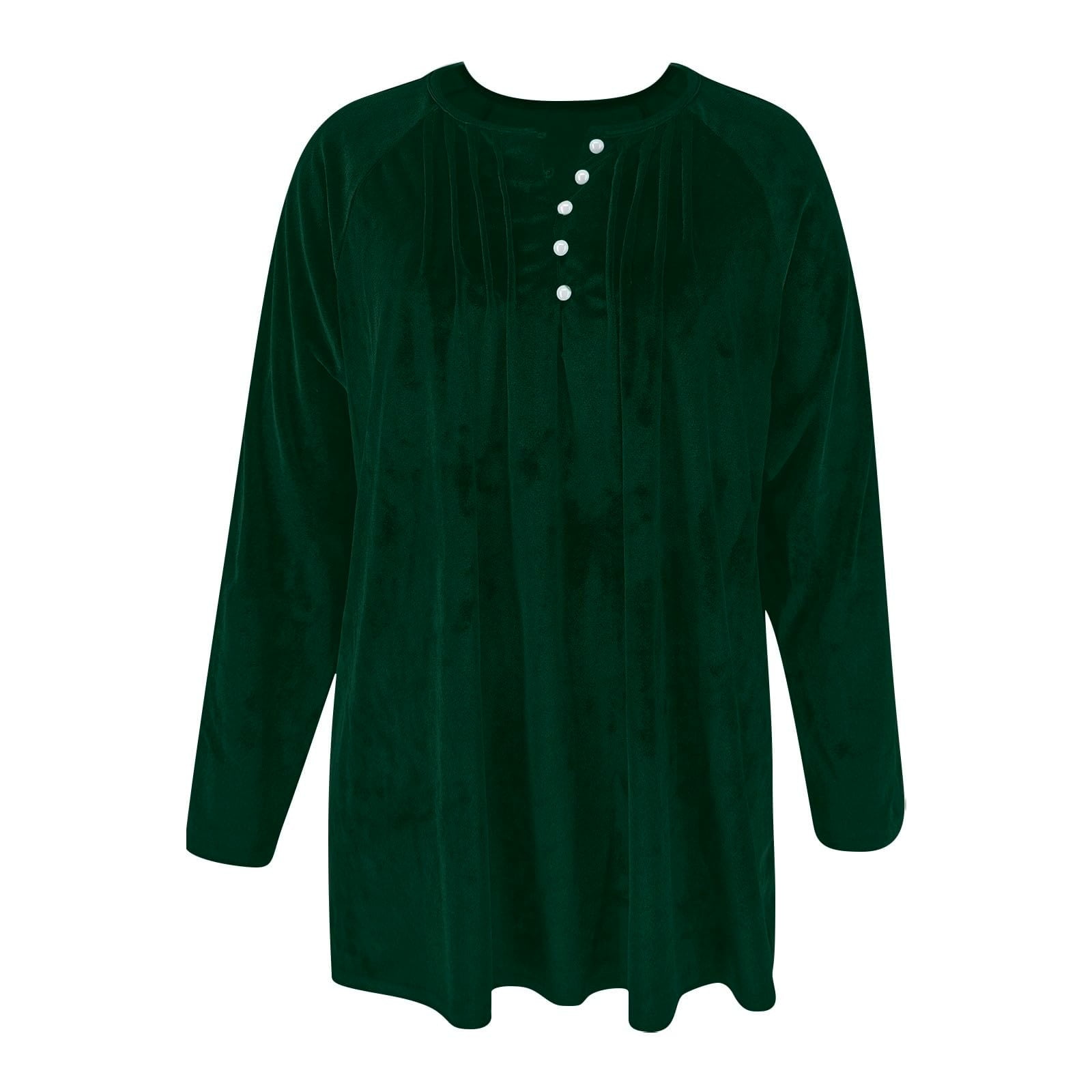 ylioge Velvet-Shirts for Women Plus Size S-5X Long Sleeve Tunic Tops Womens Trendy Solid Color Pullover Button Crewneck Pleated Raglan Blouses Top