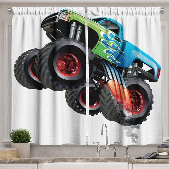 Ambesonne Cars Kitchen Curtains, Monster Truck Cool Cartoon, 55"x39", Aqua Green Black