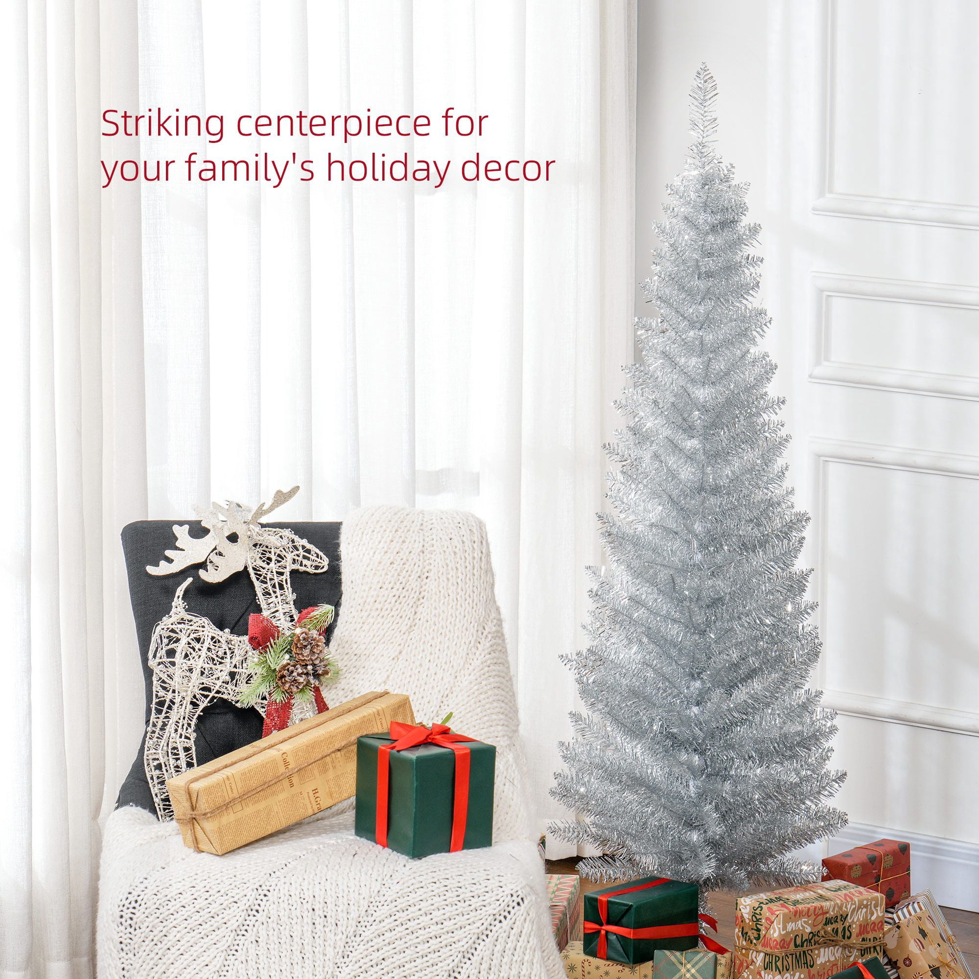 Pencil Artificial Christmas Tree, 5 ft Slim Unlit Holiday Tree with 294 Tips, Plastic Base, 17.75 in Diameter, for Small Spaces