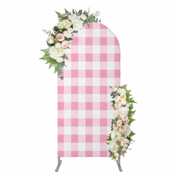 Pink Checkered Arch Backdrop Cover 7.2FT, Pink White Buffalo Plaid Spandex Fitted Stretchy Arch Stand Covers, Round Top Chiara Backdrop Cover for Wedding Party Birthday Baby Shower