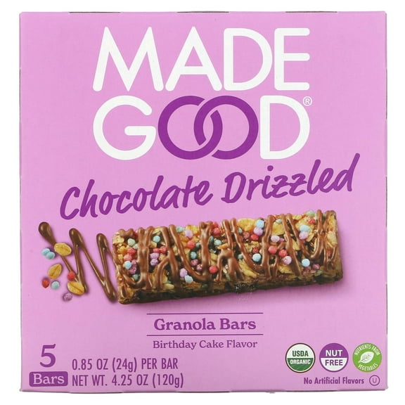 MadeGood, Granola Bars, Chocolate Drizzled, Birthday Cake, 5 Bars, 0.85 oz (24 g) Each
