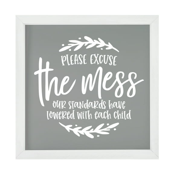 LifeSong Milestones 7x7 Modern Inspirational Framed Shadow Box for Wall Decoration - Please Excuse The Mess Our Standards Have Lowered (Ivory)