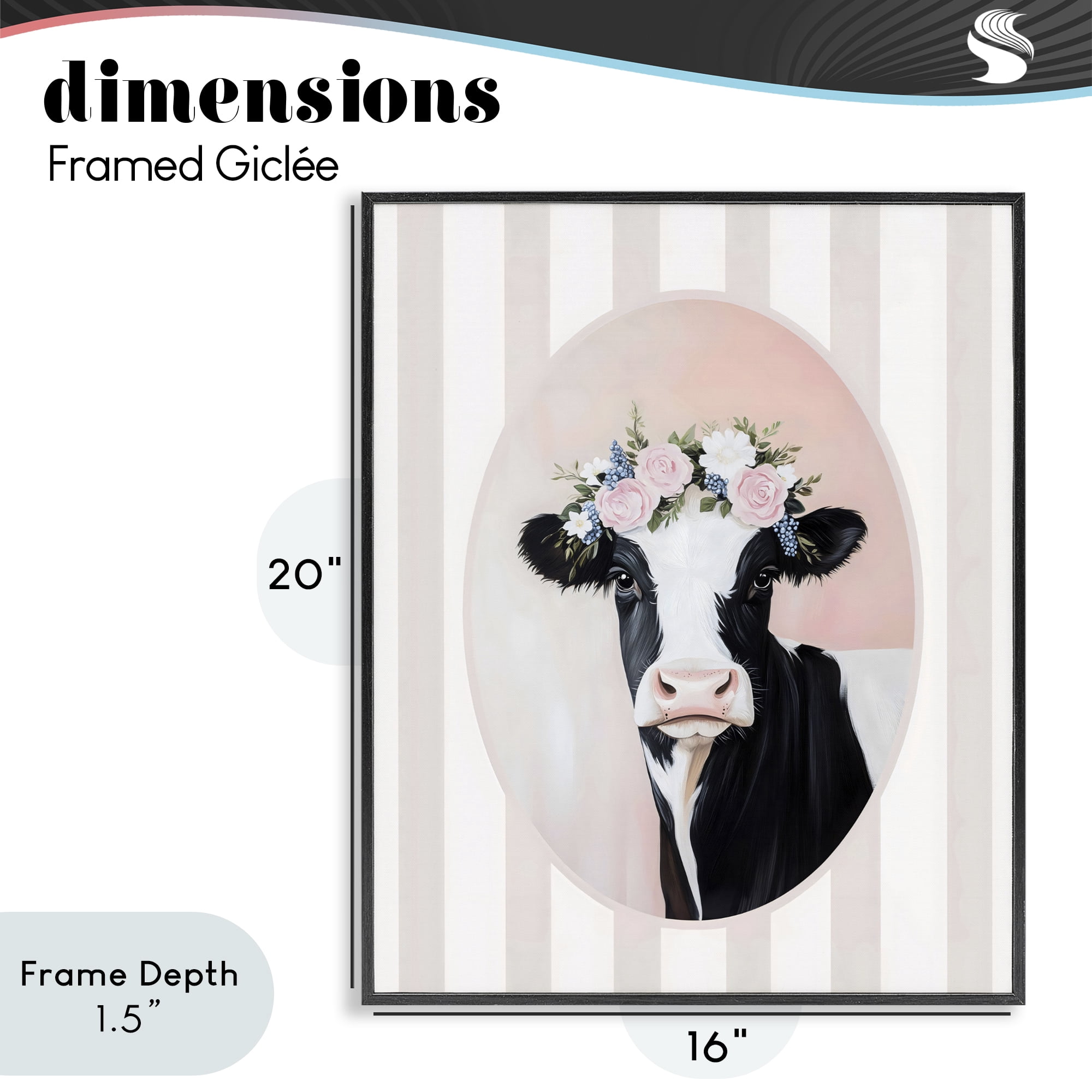 Stupell Industries Soft Cow with Floral Crown Black Framed Giclee Art, design by Arlington Prints