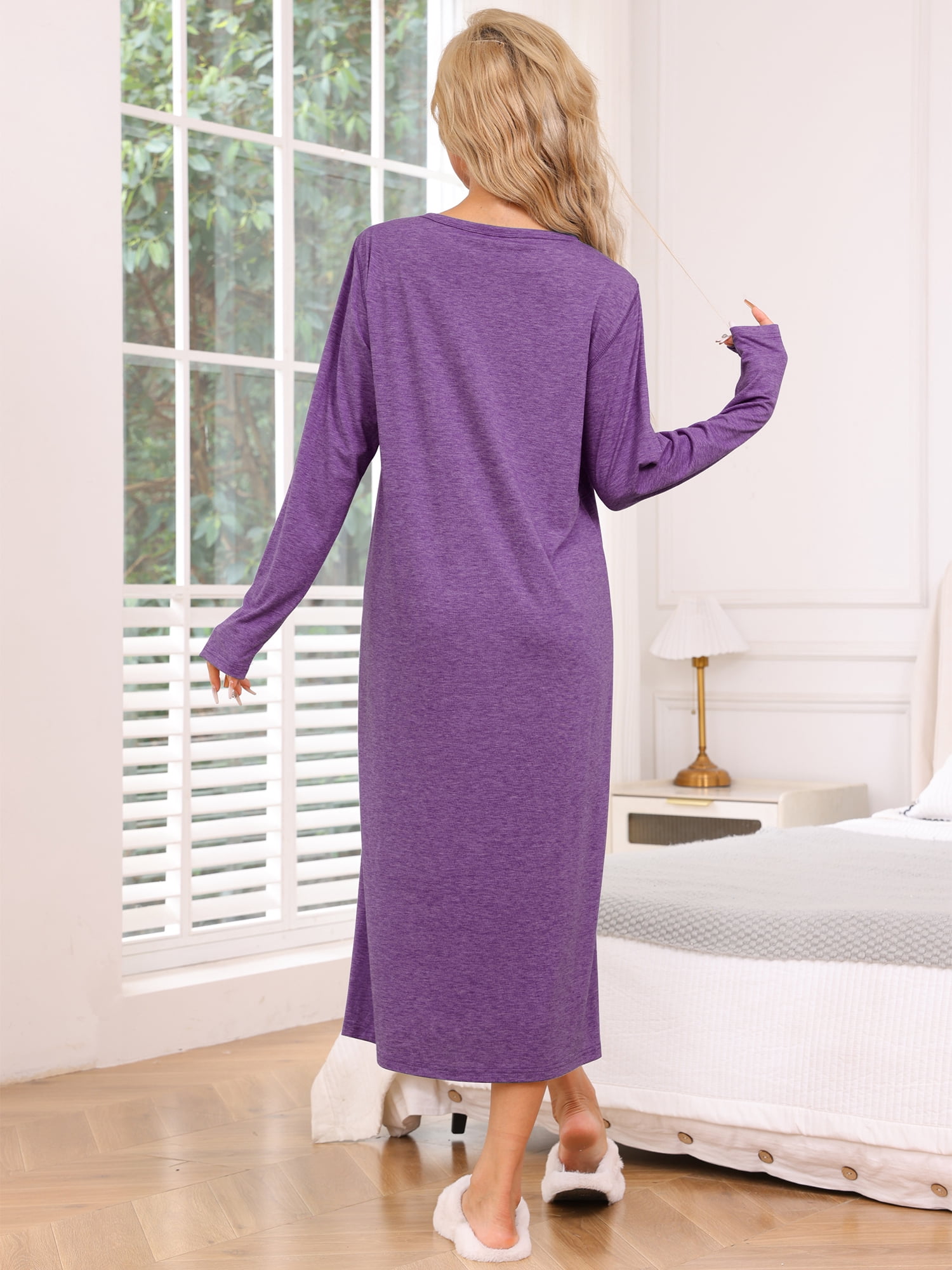 DARING DIVA Women's Long Sleeve Long Soft Button Down Nightshirt L Purple