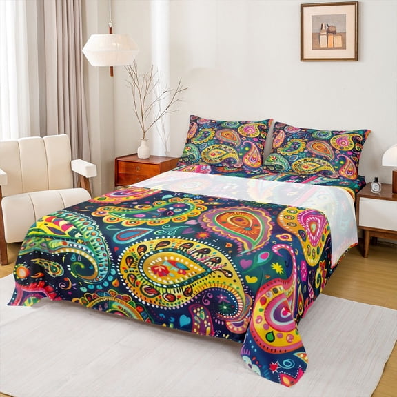 jejeloiu Colorful Paisley King Sheets For Men Women,Bohemian Pattern Bedding,Dark Multi,4pcs,1 Flat Sheet, 1 Fitted Sheet and 2 Pillowcases