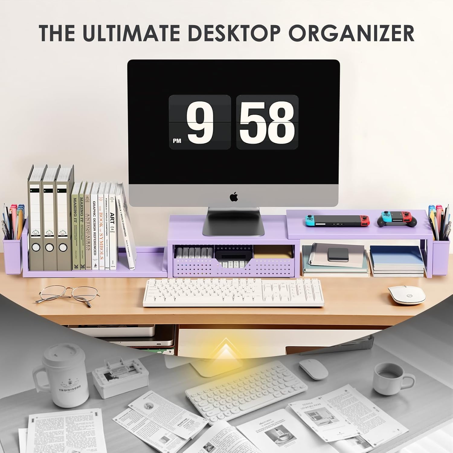 Desk Organizers and Accessories, Dual Computer Monitor Stand Riser with Drawer and 2 Pen Holders, Office Desk Accessories, Workspace Desktop Organization for Office Supplies (Purple Metal )