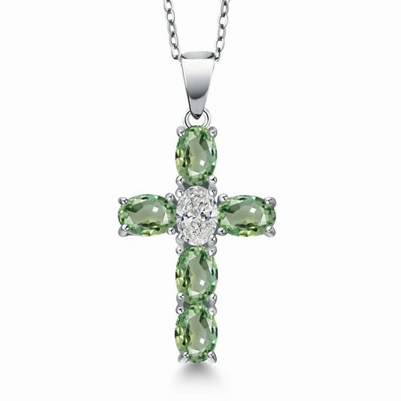 925 Sterling Silver Green Sapphire and Lab Grown Diamond Cross Pendant Necklace