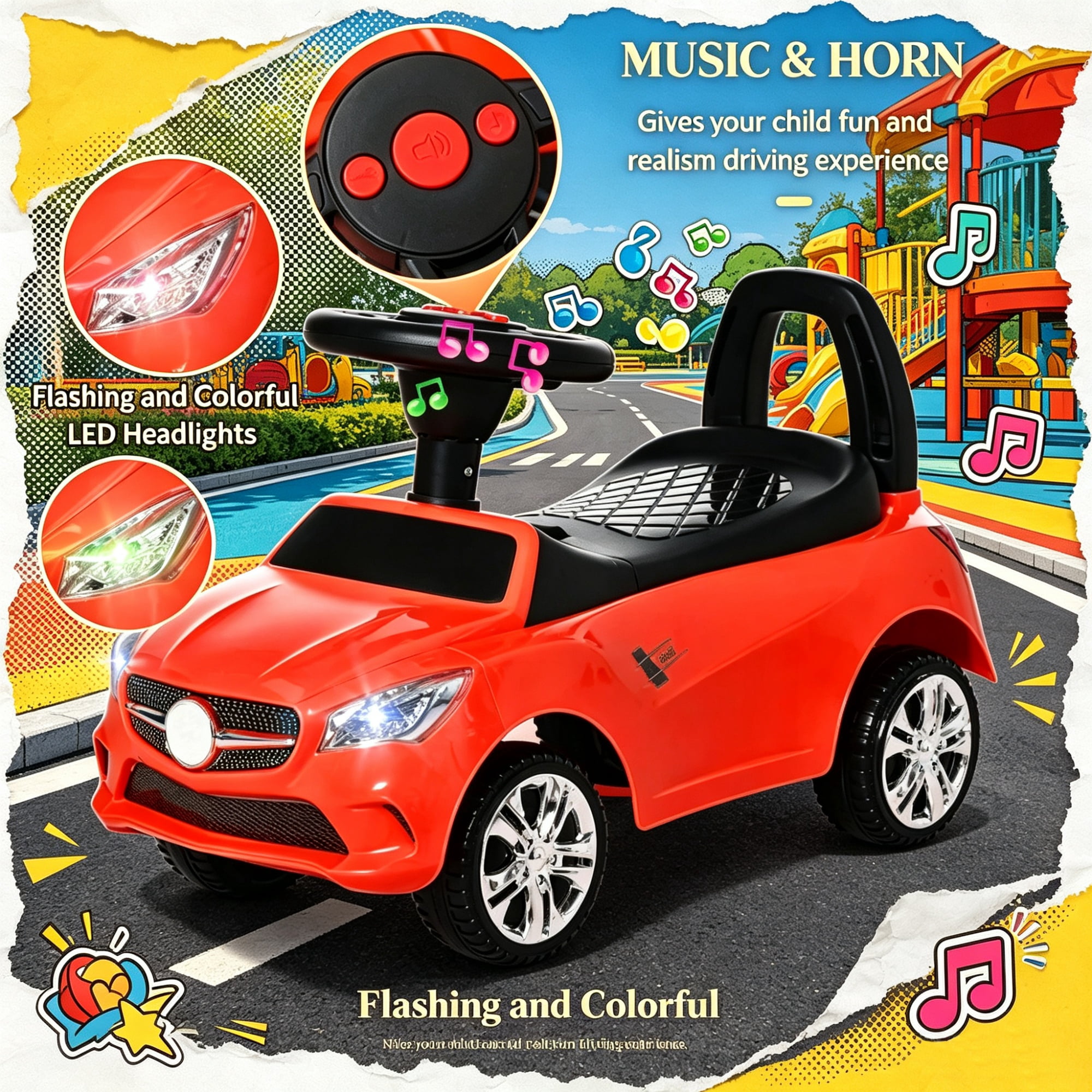 Toddler Foot-to-Floor Ride-On Push Car, Sliding Walking Toy with Working Horn, Music, Headlights & Under-Seat Storage, Red