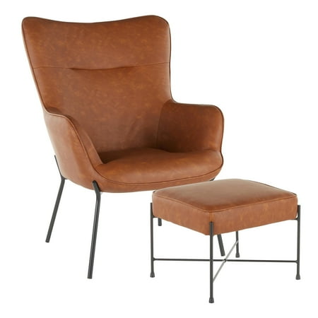 LumiSource Izzy Contemporary Lounge Chair and Ottoman Set Camel Brown: Faux Leather, Tufted, Metal Frame