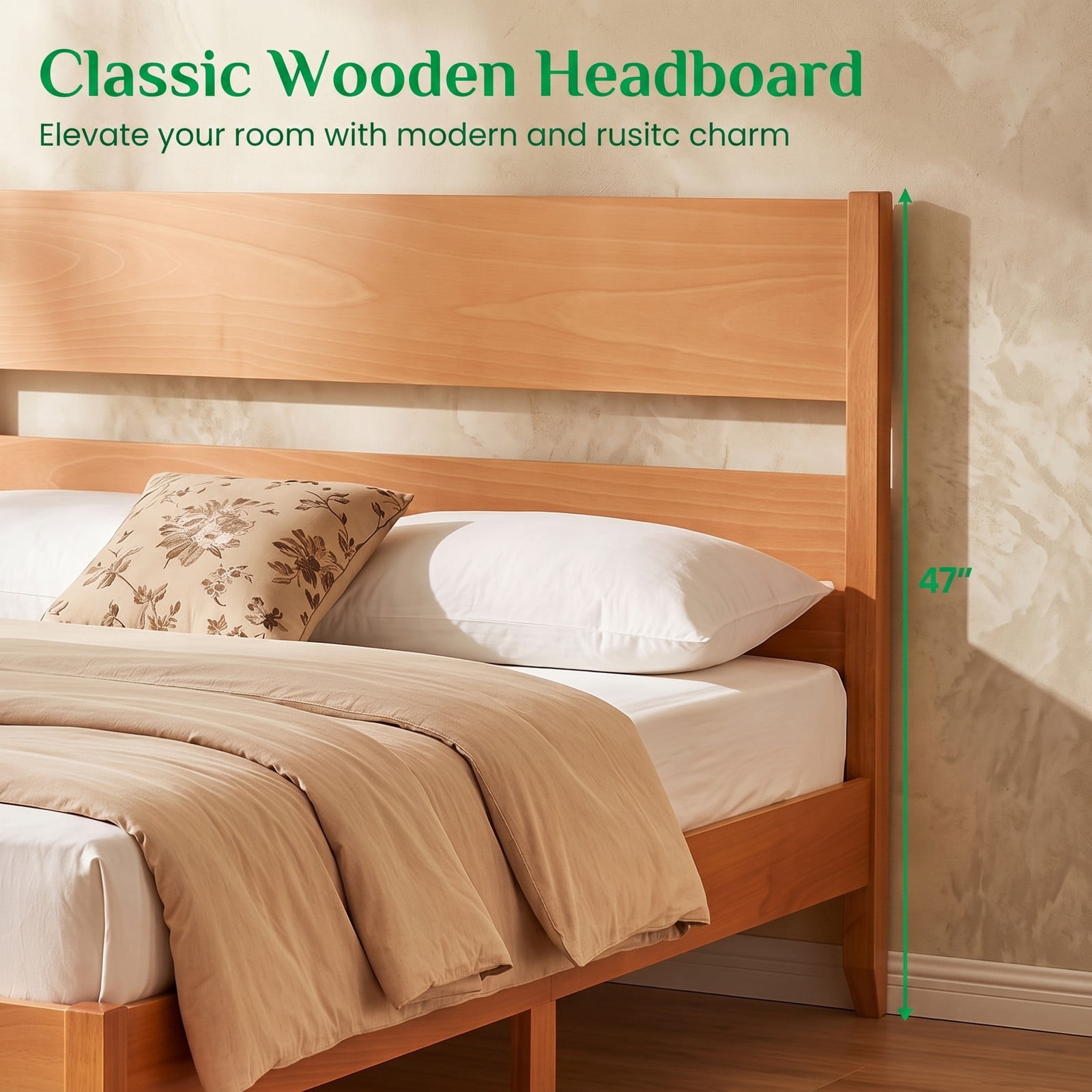 Furnibear Full Size Bed Frame Wood Platform Bed with Panel Headboard, Solid Wood Legs and 12 Slats for Bedroom, Warm Brown