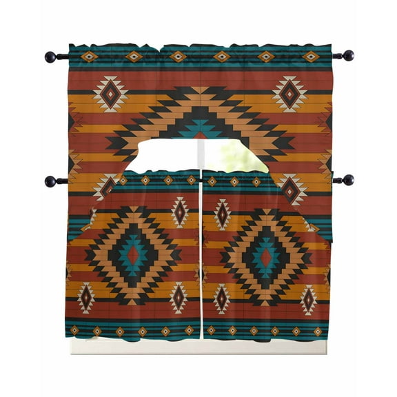 Aztec Southwest Kitchen Curtains Sets 36 Inch Length with Valance, Vintage Geometric Farmhouse Art Swag Valances and Tiers Curtain Set Drapes Swag Curtains for Living Room, Bathroom, Bedroom, Cafe