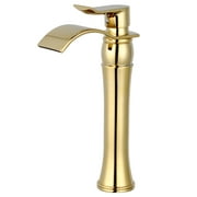Wovier Shiny Polished Gold Waterfall Bathroom Sink Faucet with Supply Hose,Single Handle Single Hole Vessel Lavatory Faucet,Basin Mixer Tap Tall Body Commercial,French Gold