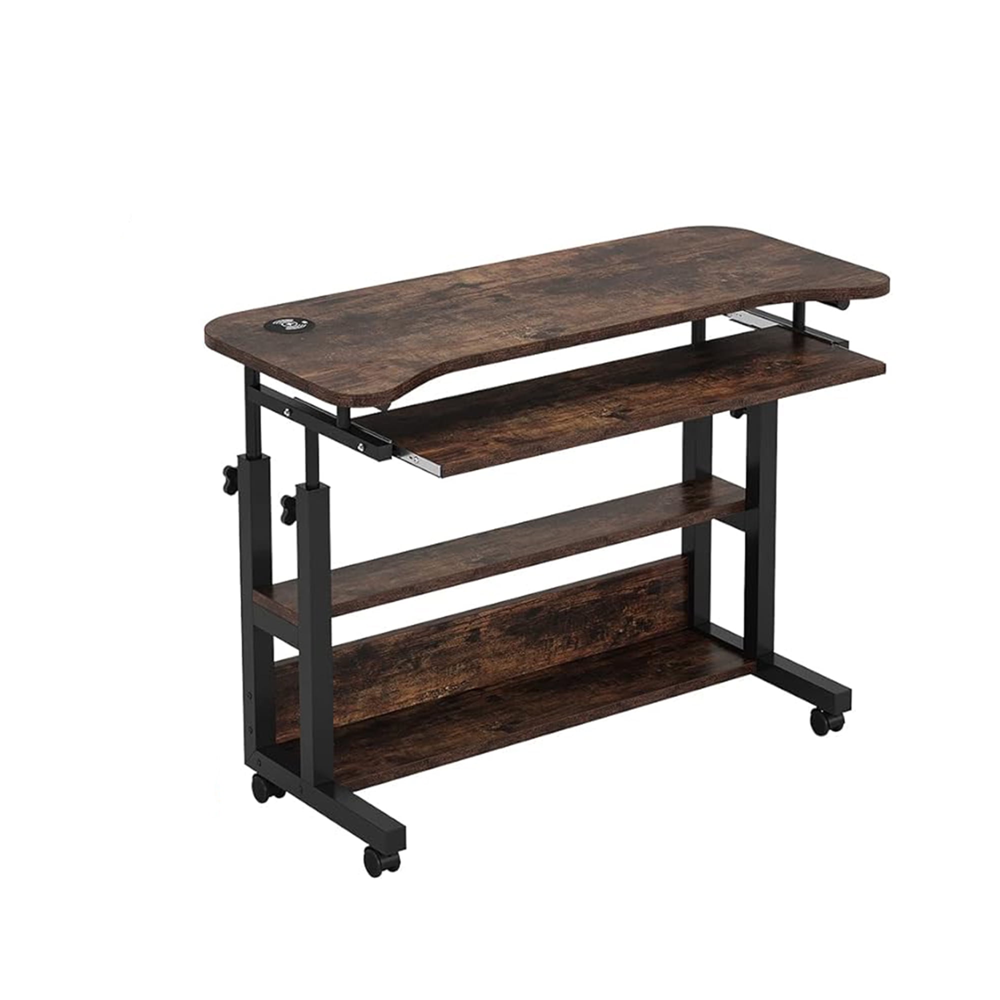 KIOOTTO Height Adjustable Mobile Desk with Power Outlet, Wireless Charging, Keyboard Tray and Locking Wheels, Walnut