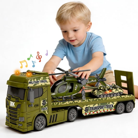 Caunedy Green Military Big Truck Toys,3 in 1 Large Semi Truck Toy with Helicopter and Tank,Great Gift for 3-8 Years Old Boys Girls