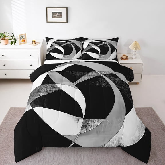 Erosebridal Geometric Round Bedding Twin Comforter Set,Black Grey Down Comforter,Abstract Artwork Bedding Sets Twin with Comforter,Lightweight Circle Room Decor,Reversible,3pcs
