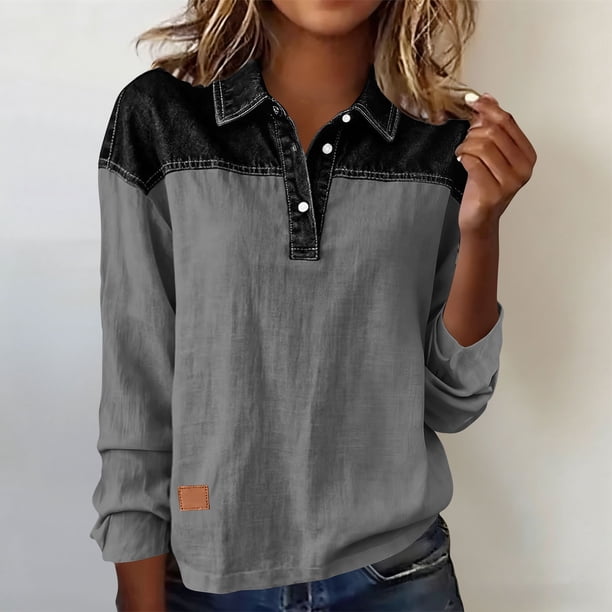 TaTaai Women's long sleeve collared top, linen cotton fabric, color block design, removable buttons, pullover style, casual loose fit, soft breathable, ideal for daily outings & office casual Gift