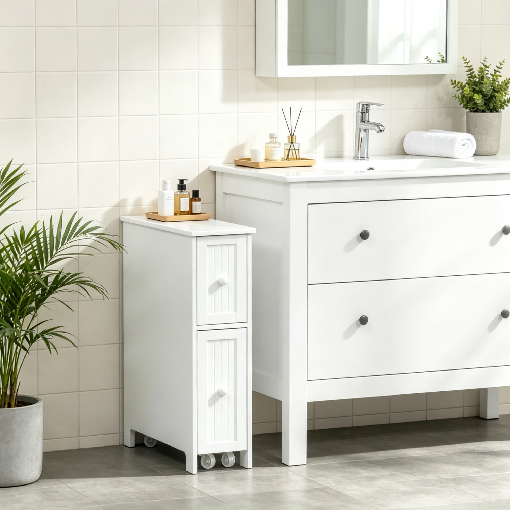 Bathroom Cabinet Freestanding Storage with Toilet Paper Holder 2 Drawers Side Towel Rack Wheels, White 7x20.5x24.75 Inches