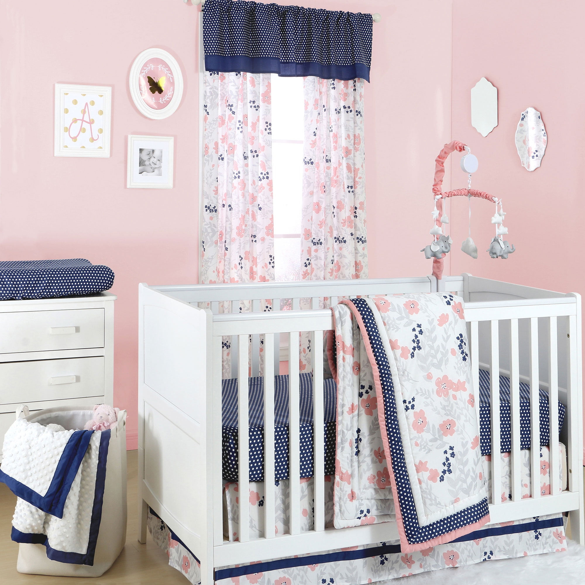 navy and pink floral crib bedding