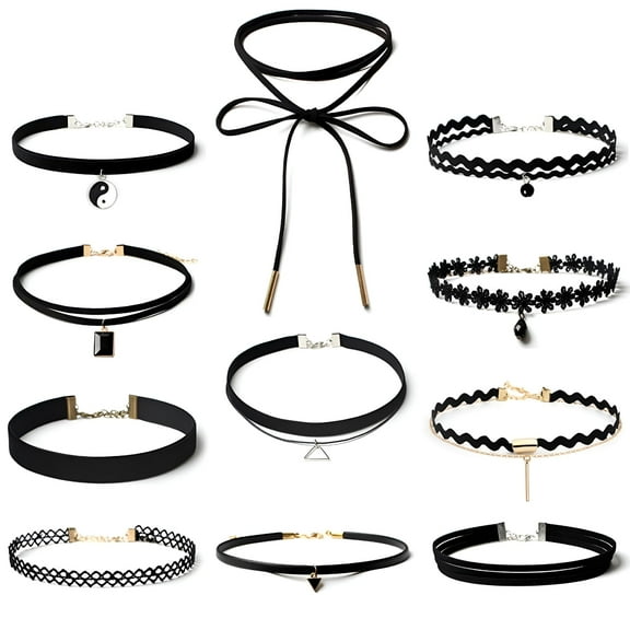 DESIGNICE 11-Piece Choker Ribbon Necklace Black Chocker with Extended Chain for Ladies