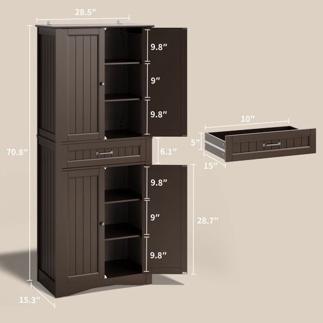 Aiho 71'' Kitchen Pantry Storage Cabinet, Freestanding Storage Cabinet with 4 Doors and 4 Adjustable Shelves for Kitchen, Bathroom, Living Room - Brown