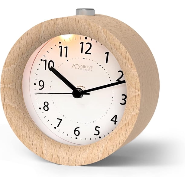 Reloj despertador con pilas (9 x 9 cm), reloj despertador analógico de madera, luminoso, silencioso, sin tictac, función de repetición, reloj de aguja con alarma de sonido creciente, madera clara