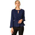 thumbnail image 1 of Blusa Top Cuello Redondo Básico Allegra K Manga Pulsera Cintura Con Corbata Para Mujeres Azul Marino XS, 1 of 6