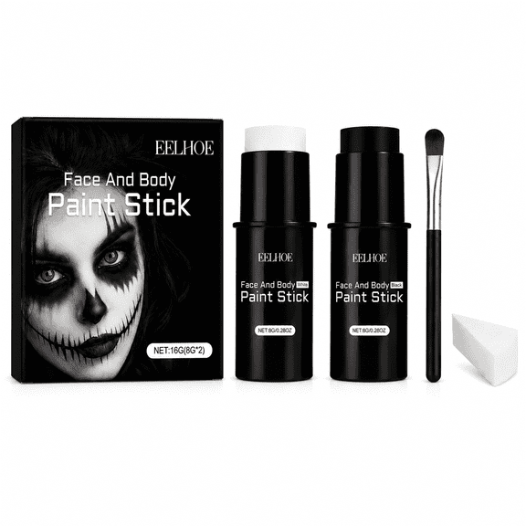 Halloween Costume Color Accessory Set, Black and White Character Styling Kit with 2 Color Sticks, Brush and Sponge for Cosplay and Costume Events