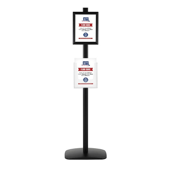 M&T Displays Free Standing Display Stand with 2 x (8.5x11) Frames in Portrait/Landscape and 2 x (8.5x11) Clear Pocket Shelves, Double Sided (Black)