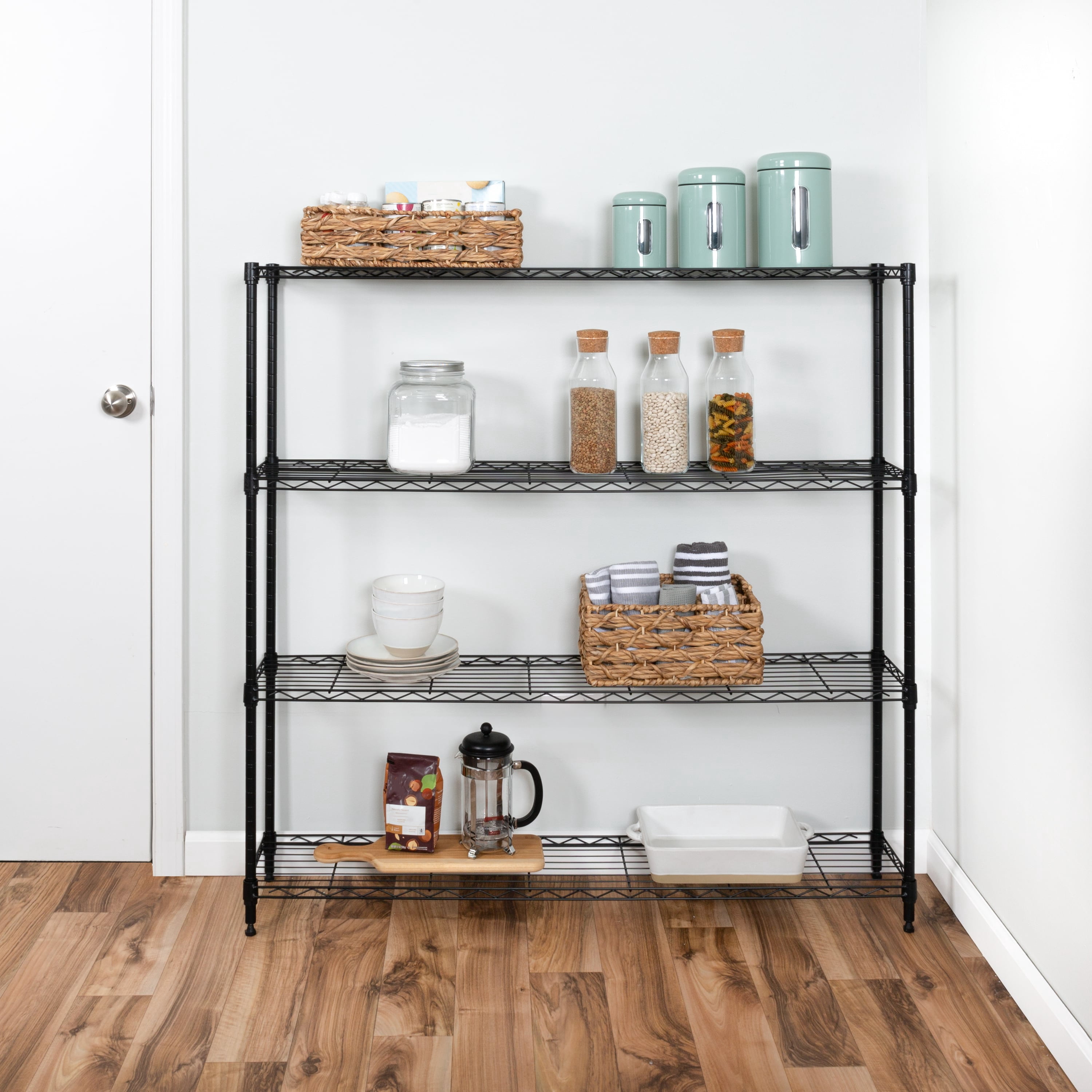 Honey-Can-Do 4-Tier Steel Slim Profile Wide Shelving Unit, Black, Holds up to 100 lbs per Shelf