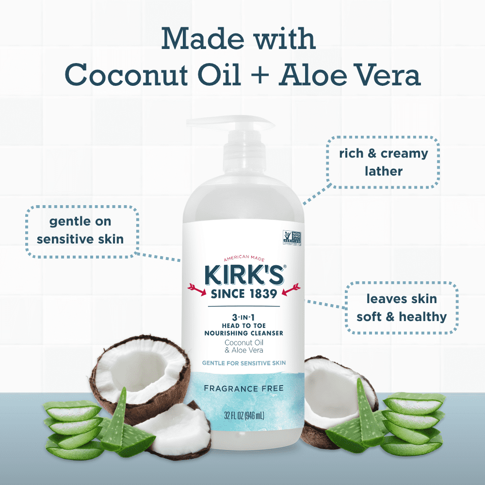 Kirk's 3-in-1 Nourishing Cleanser - Made With Coconut Oil & Aloe Vera, Fragrance Free, 32 Fl Oz