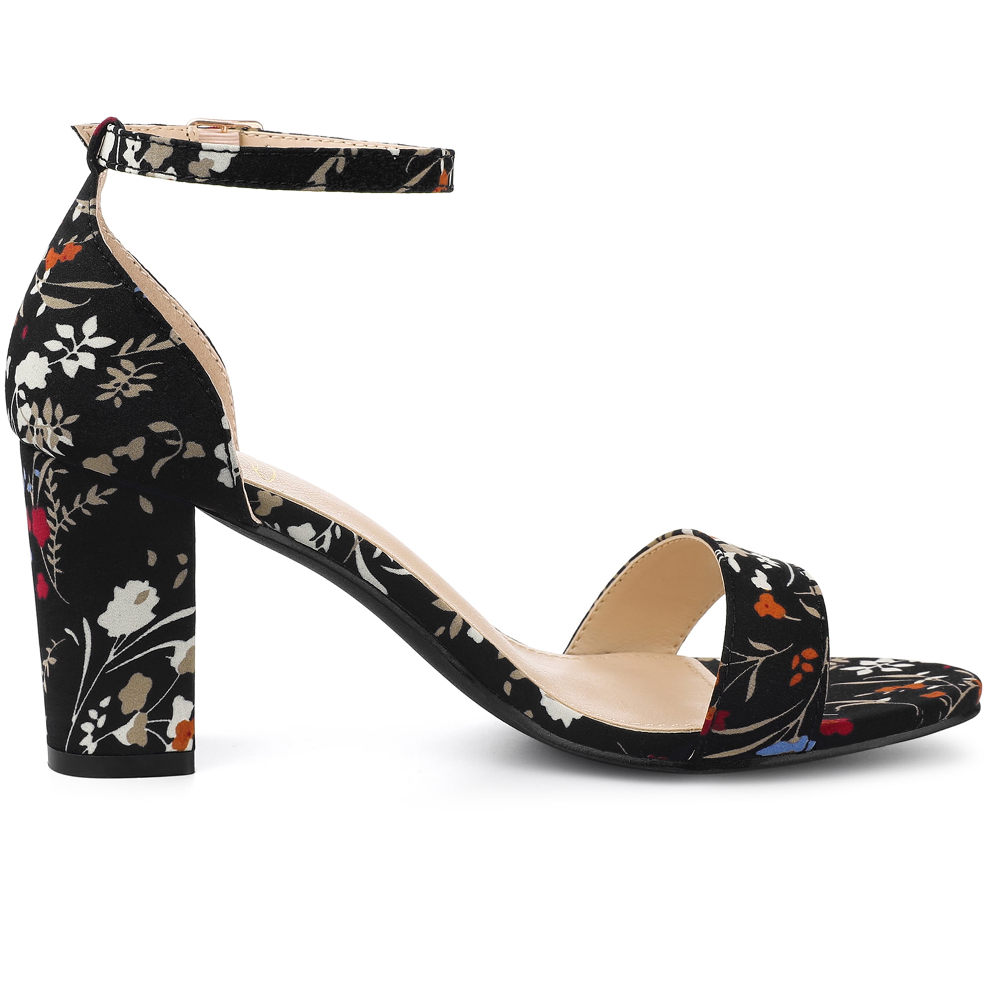 DARING DIVA Women's Floral Open-Toe Ankle Strap Chunky Heel Sandals Black 5.5