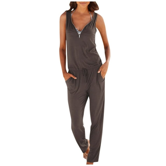 Fridja Womens Plus Size Solid Color Zip V-neck Cultivate One's Morality Jumpsuit
