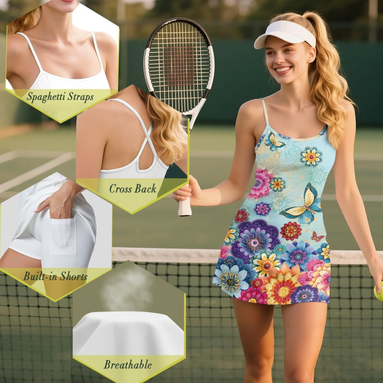 Yuyamidu Butterfly Womens Tennis Dress Summer Golf Dress with Built in Shorts Boho Flowers Sleeveless Workout Athletic Dresses with Pocket Size L