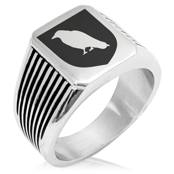 Stainless Steel Raven Bringer of Death Coat of Arms Shield Needle Stripe Pattern Biker Style Polished Ring