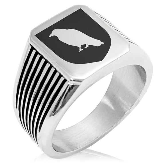 Stainless Steel Raven Bringer of Death Coat of Arms Shield Needle Stripe Pattern Biker Style Polished Ring