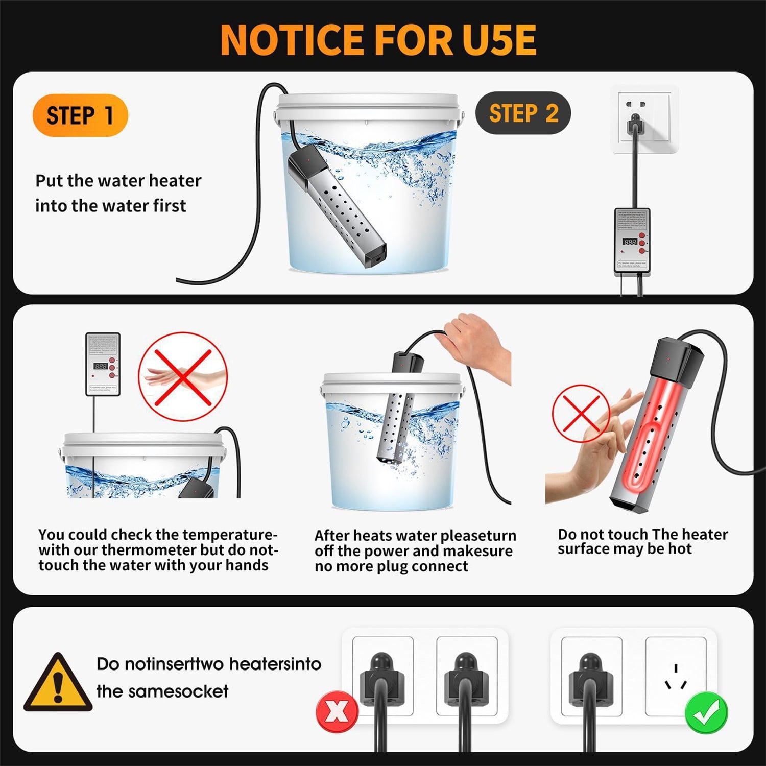 Immersion Water Heater with Temperature Control, 2000W Thermostat Portable Water Heater, Submersible Bucket Water Heater with Stainless Steel Guard, for Mini Pool, Bathtub, Travel
