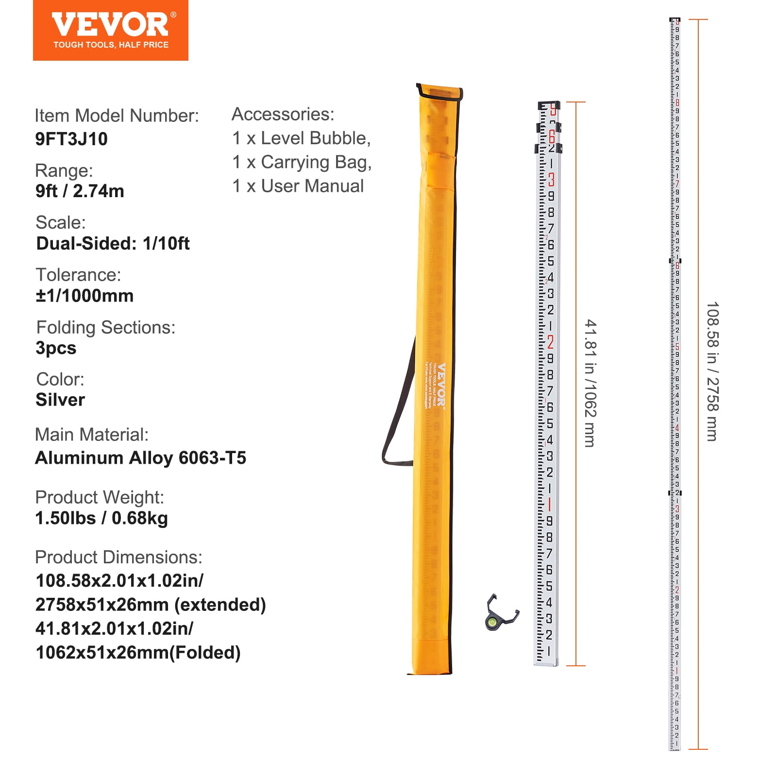 VEVOR Aluminum Grade Rod,9-Feet/10ths 3 Sections Telescopic Measuring Rod,Double-Sided Scale 1/10ft Leveling Rod Stick,Aluminum Alloy Survey Rod with Bubble Level&Carrying Bag for Houses,Walls,Floors