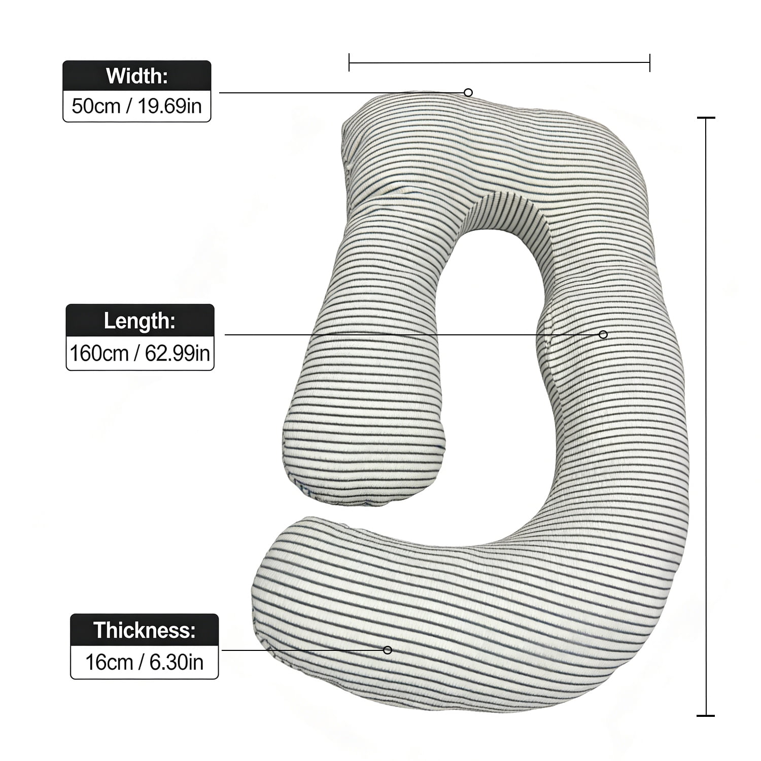 J-Shaped Pregnancy Pillow (65" x 16" x 8") - Full Body Maternity Support Pillow for Back, Hip and Belly Pain Relief, Black & White Stripe