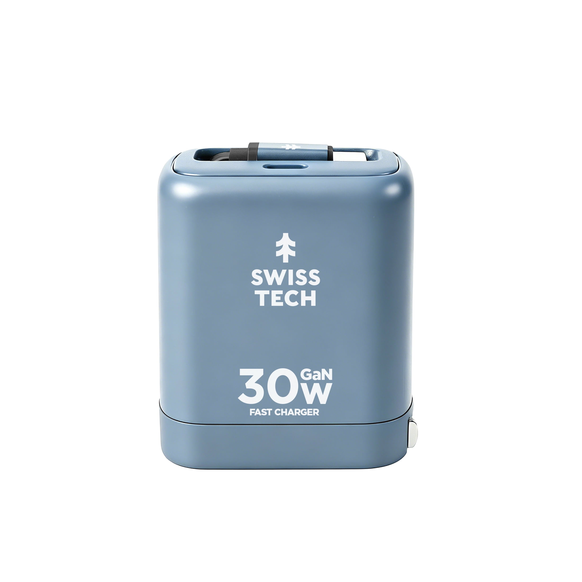 Swiss Tech Mussen 30W USB-C Wall Charger with Retractable Cable, Fast PD Charging, Cresta Blue