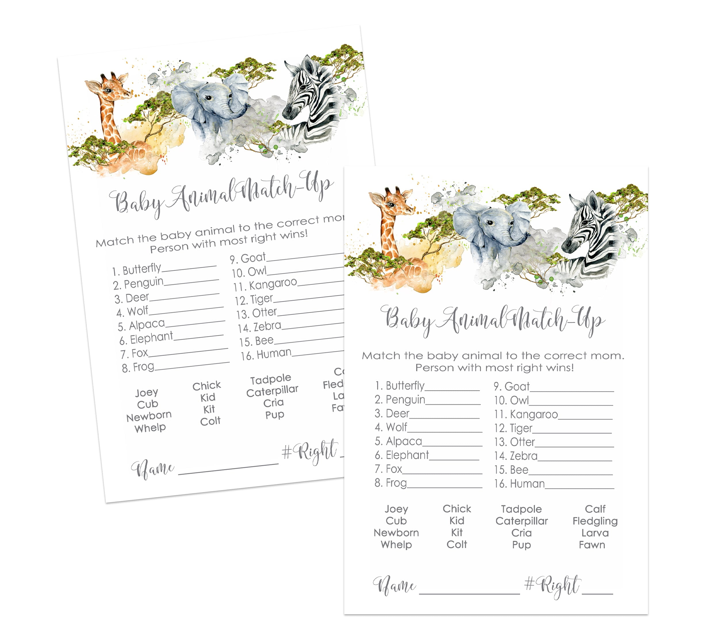 Jungle Animal Matching Game Cards for Baby Shower 25 Pack Guessing Activity for Kids Groups Adults - Royal Safari Theme Boys Girls - 4X6 Size Set - Paper Clever Party