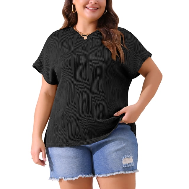 Blusas casuales de punto sólido de cuello redondo y manga corta para mujeres de tallas grandes Agnes Orinda 2X negras
