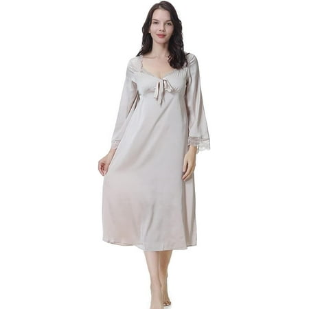 QIUYI Women s Satin Nightgown Dress Silk Lace Long Sleeve V Neckline Long Princess Lingerie Sleepwear